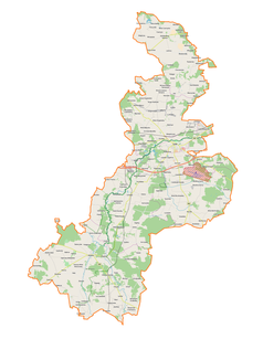 Mapa konturowa powiatu łaskiego, po prawej nieco na dole znajduje się punkt z opisem „Malenia”