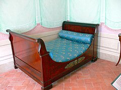 Kahnbett in Napoleons Schlafzimmer, Villa San Martino, Portoferraio, Elba.