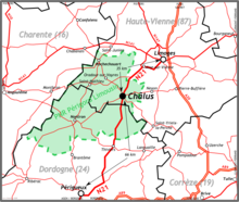 Carte du parc naturel régional Périgord Limousin avec indication de la localisation géographique de Châlus