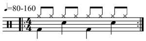 Du-instrumenta notado en unu notliniaro de tipa rokmuzika ritmomodelo