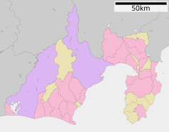 Mapa konturowa prefektury Shizuoka, po prawej znajduje się punkt z opisem „Numazu”