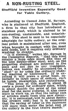 Oznámení o vývoji korozivzdorné oceli v Sheffieldu z roku 1915 v New York Times