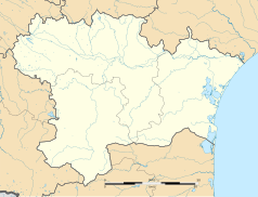 Mapa konturowa Aude, blisko centrum u góry znajduje się punkt z opisem „Trèbes”