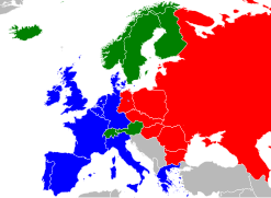 Европа 1988 джылда. Кёк — НАТО-ну къраллары, къызыл — ВКО-ну къраллары