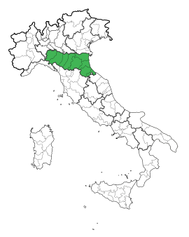 Mapa zvýrazňujúca polohu regiónu Emilia-Romagna v Taliansku