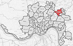 Pleasant Ridge (red) within Cincinnati, Ohio