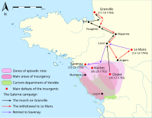 Carte illustrant les zones insurgées des guerres de Vendée et les itinéraires de la Virée de Galerne.