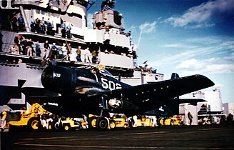 AD-4 Skyraider of VA-55 taking off from Valley Forge in 1950