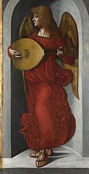 Peinture d'un ange dans une alcôve, drapé de rouge et jouant du luth.