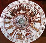 Painted ceiling in a round shape, depicting people and horses