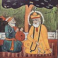 Mardana seated to the left of Nanak with his characteristic rabab