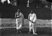 (1913) Reims, France; Collège d'athlètes. Hébert is standing to the left. The man to the right is Jean Bouin, the French mid-distance Olympic runner, who died at age 25 while fighting in the French army during the opening weeks of World War I, in the year 1914.[64]