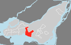 Location on the Island of Montreal. (Outlined areas indicate demerged municipalities).