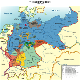 مملكة بروسيا (باللون الأزرق) داخل القيصرية الألمانية عام 1914