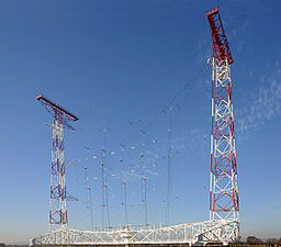 Curtain array shortwave transmitting antenna, Austria. Wire dipoles suspended between towers.