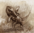 February 14: The dinosaur Sinocalliopteryx gigas feeding on the bird Confuciusornis.