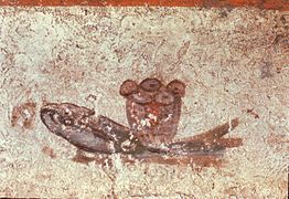 Pain de l'Eucharistie et poisson, catacombe de Saint-Calliste.