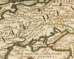 Map of Eastern Europe by Vincenzo Coronelli (1690). The lands around Kyiv are shown as V(U)kraine ou pays des Cosaques ("Ukraine or the land of Cossacks").