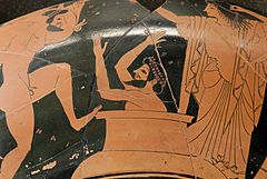 Eurystheus piileksii ruukussa, kun Herakles tuo hänelle Erymanthoksen metsäkarjun. Yksityiskohta Oltoksen maalaamasta kyliksistä, n. 510 eaa.
