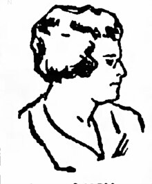 A line drawing of a woman with short hair and glasses looking to her left.