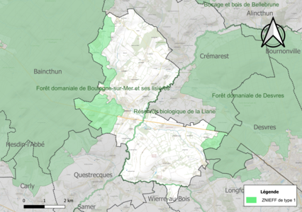 Carte des ZNIEFF de type 1 sur la commune.