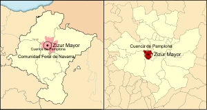 Localização do município de Zizur Mayor em Navarra e na Cuenca de Pamplona