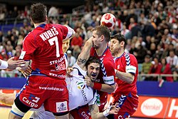 Szene aus dem Spiel Tschechien gegen Frankreich der Handball-EM 2010 (von Steindy)