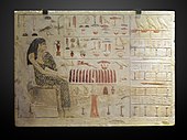 Stele of Princess Nefertiabet eating; 2589–2566 BC; limestone & paint; height: 37.7 cm, length: 52.5 cm, depth: 8.3 cm; from Giza; Louvre (Paris)