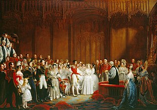 Painting of a lavish wedding attended by richly dressed people in a magnificent room