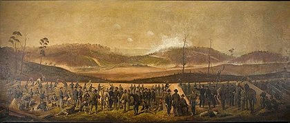 Painting that has browned with age shows a battle with soldiers in the foreground and hills in the background.