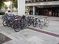 A busy bike and ride rack at Brickell station