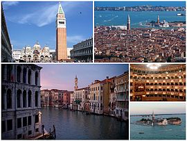 Kolase Venesia: dari bagian kiri atas adalah Piazza San Marco, diikuti dengan pemandangan kota, Kanal Besar, interior La Fenice, dan Pulau San Giorgio Maggiore.