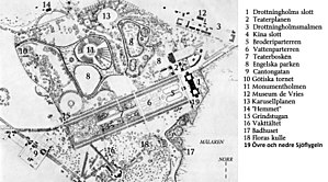 Drottningholms slott och park, orienteringsplan och förklaringar