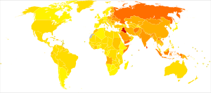 Disability-adjusted life year for falls per 100,000 inhabitants in 2004.[39]   no data   less than 40   40–110   110–180   180–250   250–320   320–390   390–460   460–530   530–600   600–670   670–1000   more than 1000