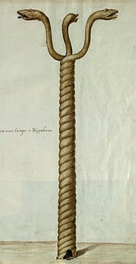 Dessin représentant une colonne torsadée qui se termine au sommet par trois têtes de serpent.