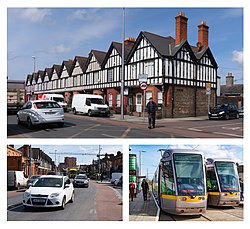 Clockwise from top: Tudor Revival terraced houses in Rialto; Rialto's Luas tram station; looking southeast from Rialto