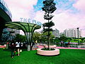 The Plaza, one of the outdoor themed spaces facing the waterway at the mall.