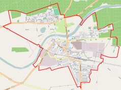 Mapa konturowa Wronek, blisko centrum na prawo znajduje się punkt z opisem „Zakład Karny we Wronkach”