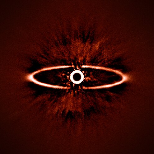 Disque de débris de l'étoile HR 4796A vu en infrarouge par l'instrument SPHERE du VLT à l'ESO[33].