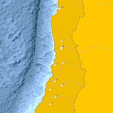 Carte montrant la partie centrale du Chili (couleur jaune vif). Des numéros indiquent l'emplacement des palmiers.