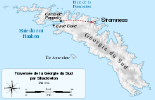 Carte de l'île de Géorgie du Sud montrant le trajet des hommes de l'expédition Endurance.