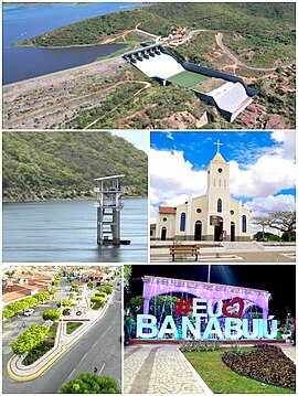 Barragem e galeria do Açude Arrojado Lisboa, Igreja Matriz Nossa Senhora de Fátima (padroeira), Praça 25 de Janeiro (data de emancipação) e letreiro de boas-vindas no centro da cidade.