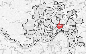 Evanston (red) within Cincinnati, Ohio.