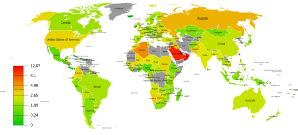 Map of military expenditures as a percentage of GDP by country, 2017[35][needs update]