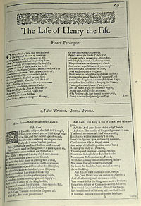 Faksimil av första sidan i The Life of Henry the Fift från First Folio, publicerad 1623