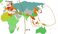 Pengaruh Jerman dan Jepang pada puncak kekuasaan pada musim gugur 1942. Tanda panah menunjukkan gerakan ke garis demarkasi yang telah disepakati pada 70° E, yang bagaimanapun tidak pernah direncanakan.