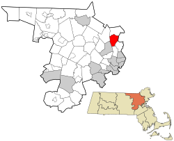 Location of Reading in Middlesex County, Massachusetts (left) and of Middlesex County in Massachusetts (right)