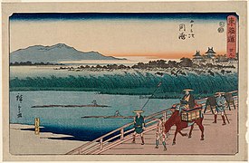 Hiroshige Andō (1797-1858), Okazaki nad rzeką Yahagi, ze zbioru: Pięćdziesiąt trzy stacje na gościńcu Tōkaidō