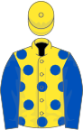 Yellow, royal blue spots and sleeves, yellow cap