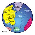 Vermutliche Paläogeographie Pannotias um 550 mya